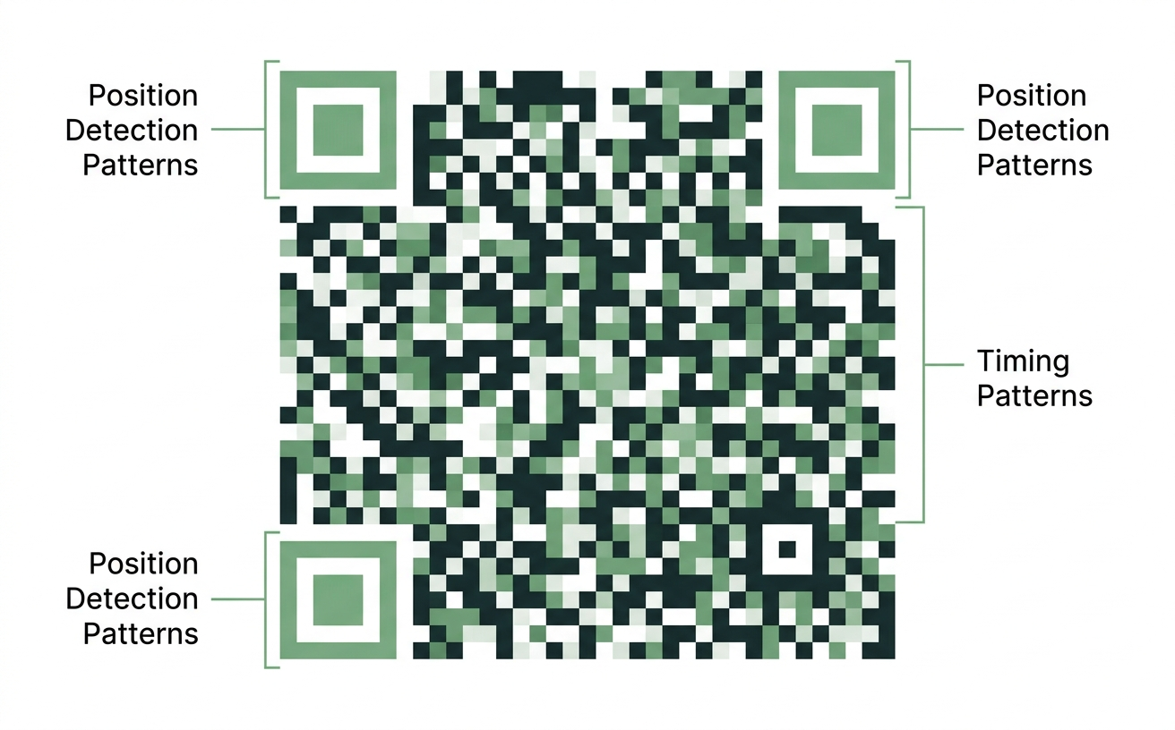 Diagram showing the internal structure of a QR code including corner finder patterns and data modules
