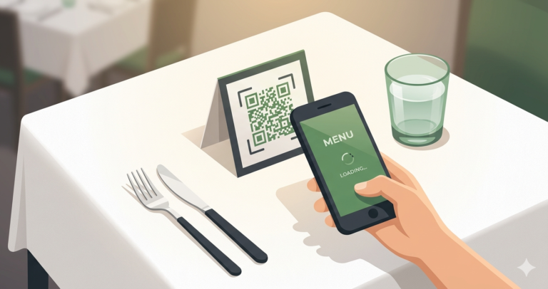 Restaurant table with a custom QR code menu card being scanned by a customer using a smartphone