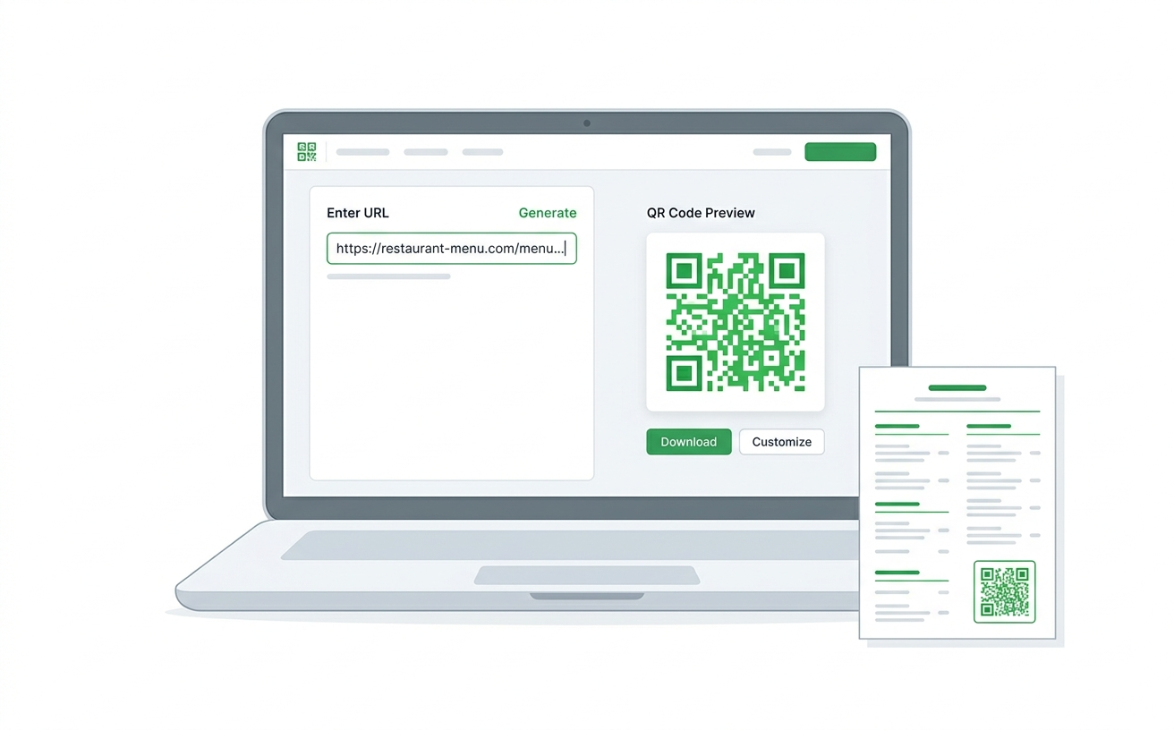 Laptop showing a QR code generator creating a custom restaurant menu QR code with a printed menu card beside it