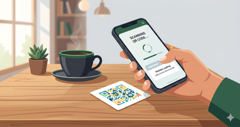 Person scanning a custom QR code on a card at a cafe table with a smartphone