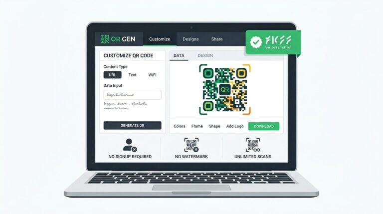 Laptop screen showing a free QR code generator creating a custom branded QR code with no signup no watermark and unlimited scan badges visible