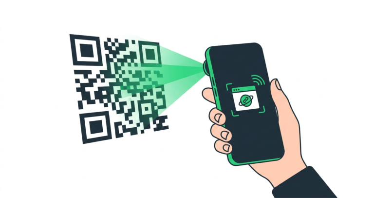 Smartphone camera scanning a QR code with a website opening on the screen as a result