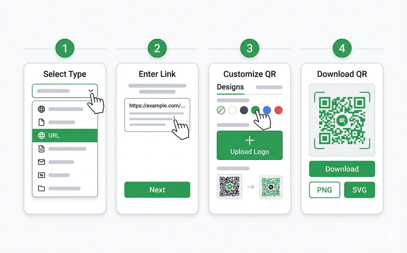 Four step illustration showing the process of creating a custom QR code from selecting type to downloading the finished file