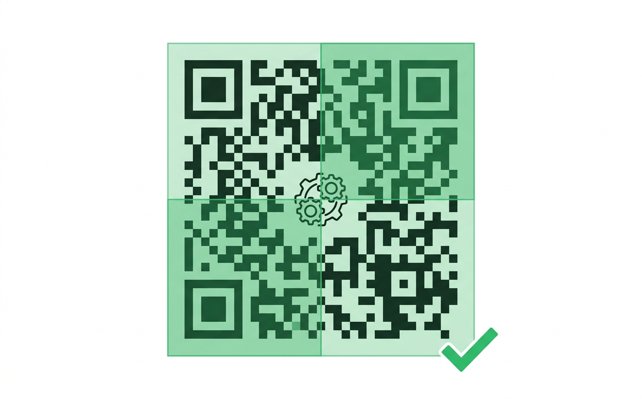 QR code with a logo in the centre showing error correction zones that keep the code scannable despite the logo covering part of the data