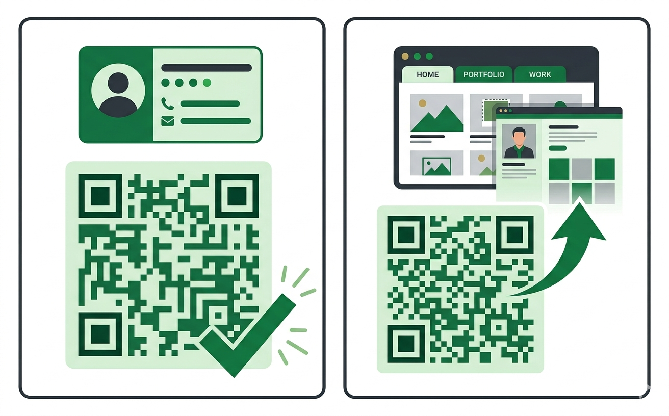 Side by side comparison of a vCard QR code that saves contact details directly versus a URL QR code that opens a website portfolio