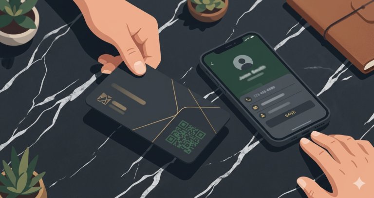 Premium business card with a custom green QR code in the corner next to a smartphone saving the contact details