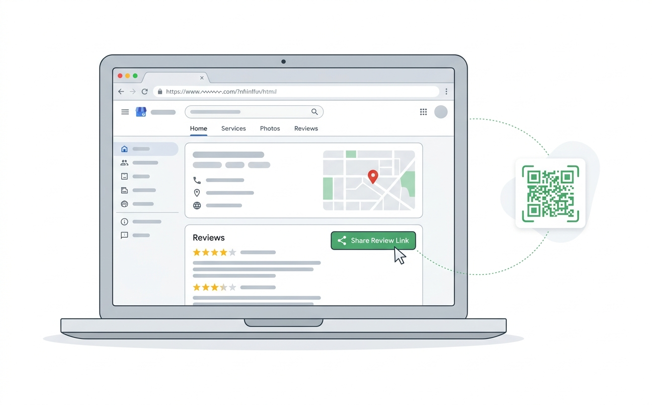 Laptop showing a Google Business Profile page with a review link being copied to create a QR code