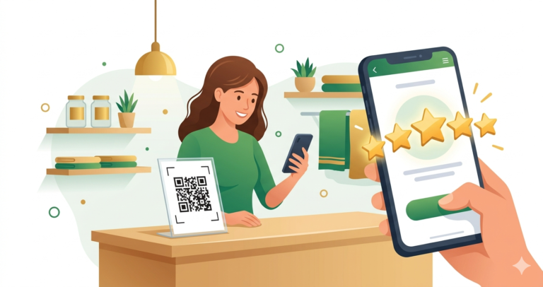 Customer scanning a Google review QR code at a shop counter with five gold stars appearing on their smartphone screen