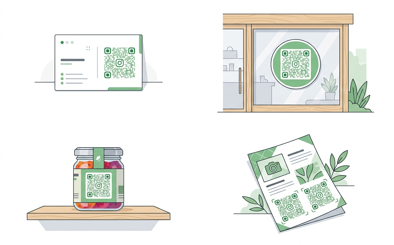 Four placements for an Instagram QR code shown on a business card shop window sticker product label and printed flyer