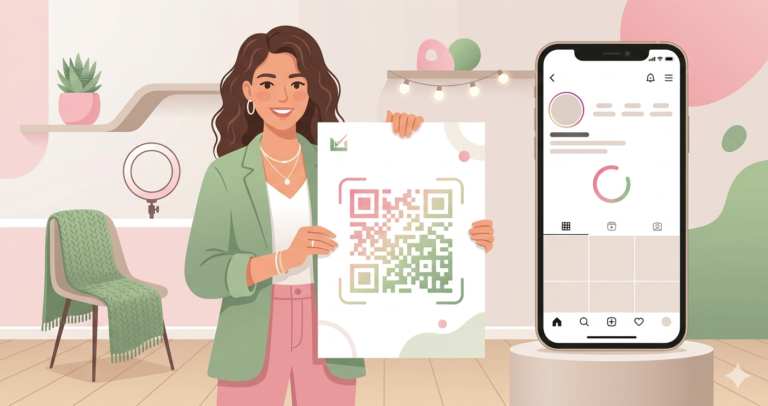 Content creator holding a poster with a custom gradient QR code that opens an Instagram profile when scanned