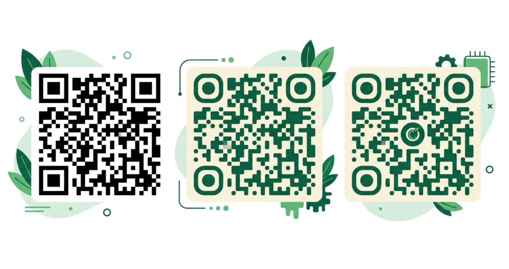 Three QR codes showing progression from plain black and white to branded with custom colors to fully branded with a logo in the centre