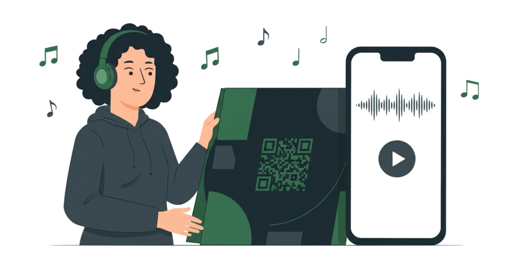 Musician holding a vinyl record sleeve with a custom QR code on the back that links to a Spotify playlist when scanned