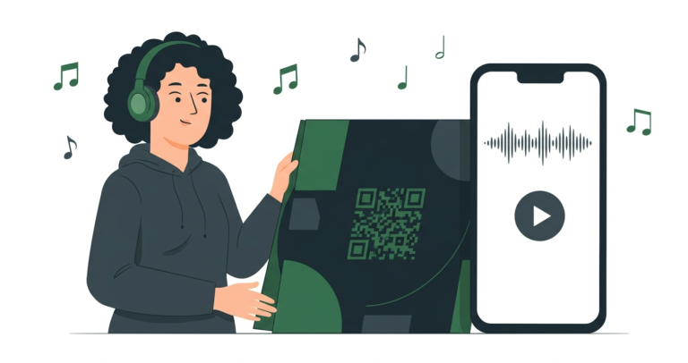 Musician holding a vinyl record sleeve with a custom QR code on the back that links to a Spotify playlist when scanned