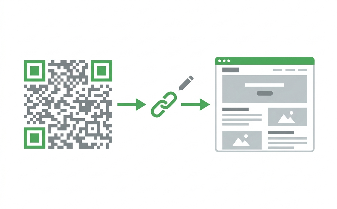 Diagram showing how a dynamic QR code uses a redirect link that can be changed without reprinting the QR code