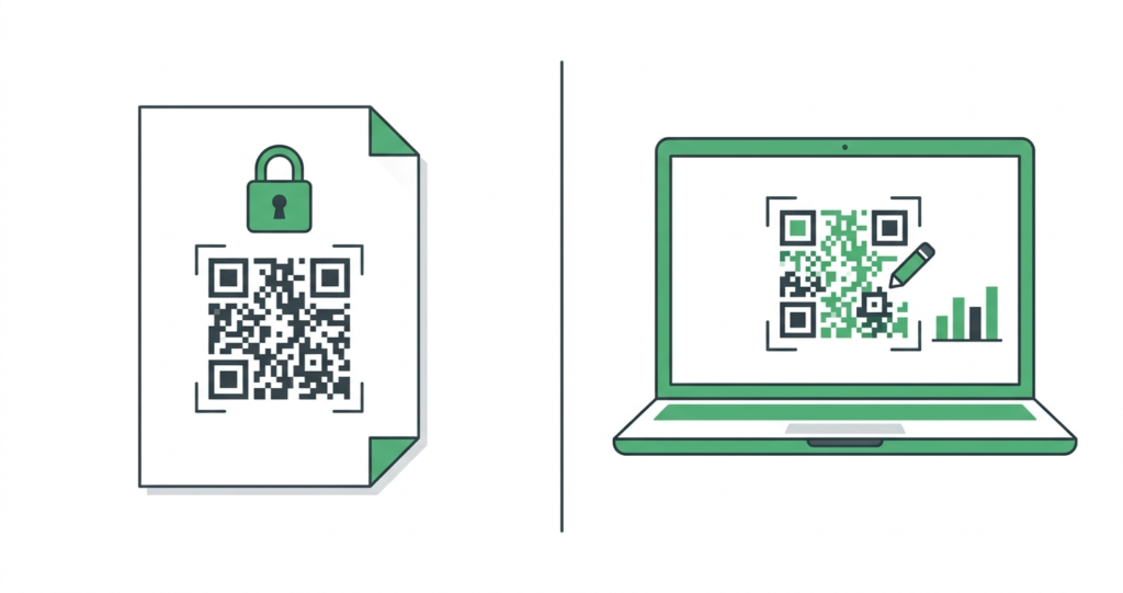 Side by side comparison of a static QR code on a printed flyer versus a dynamic QR code on a screen with editing and analytics