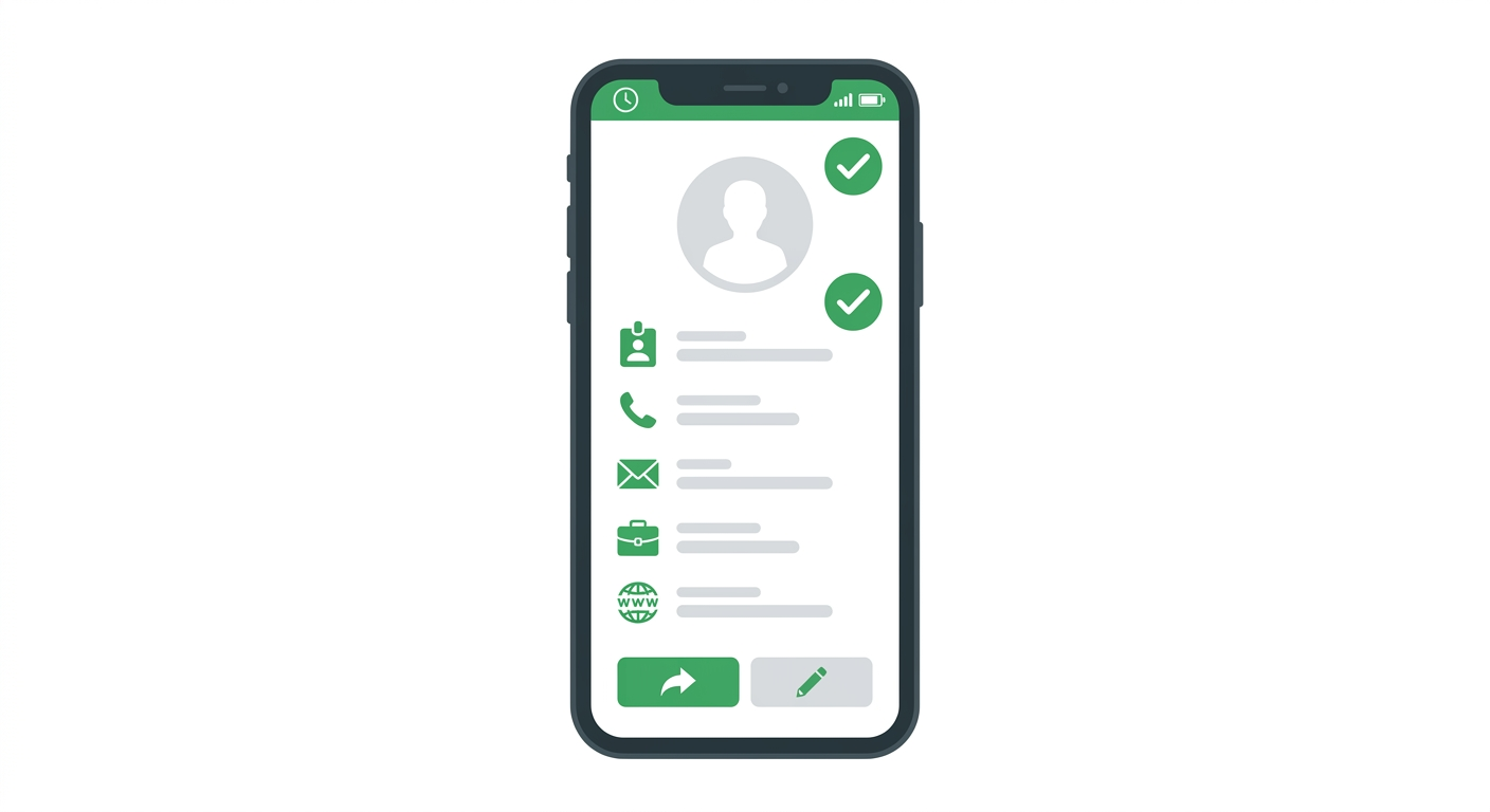 Smartphone screen showing a newly saved contact card with name phone email company and website fields after scanning a vCard QR cod
