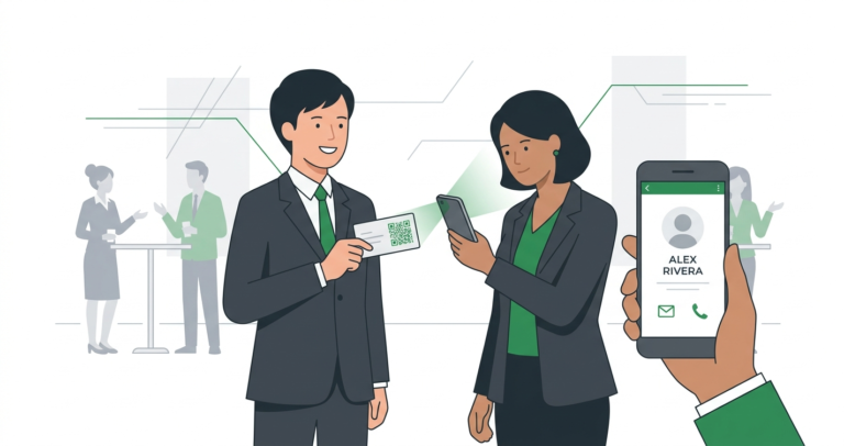 Two professionals at a networking event where one scans a vCard QR code on a business card with a smartphone to save contact details