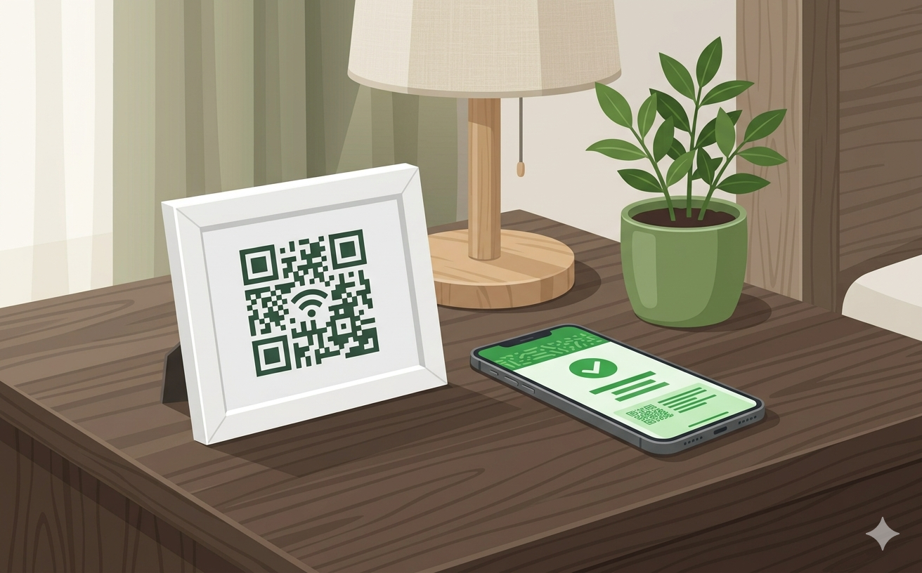 WiFi QR code sign on a hotel room bedside table with a smartphone showing successful WiFi connection