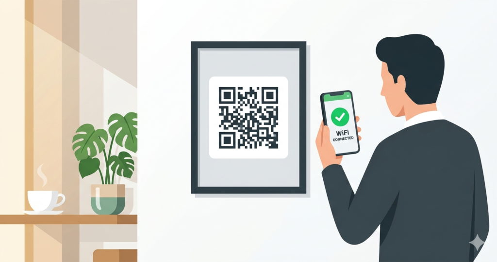 Person scanning a WiFi QR code sign on a cafe wall with a smartphone showing connected to WiFi