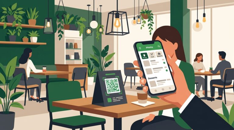 Restaurant customer scanning a QR code table card with a smartphone showing a digital menu interface