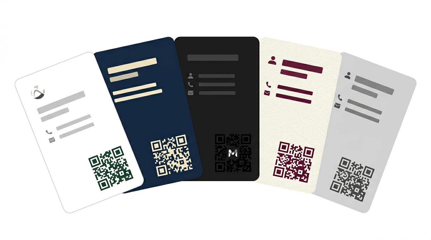 Five business cards in different color schemes each showing a different style of QR code in the corner representing different professional brand identities
