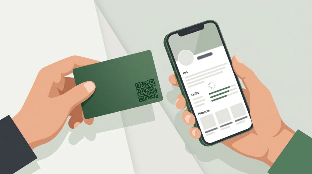 Hand holding a business card with a QR code while another hand scans it with a smartphone showing a professional profile loading
