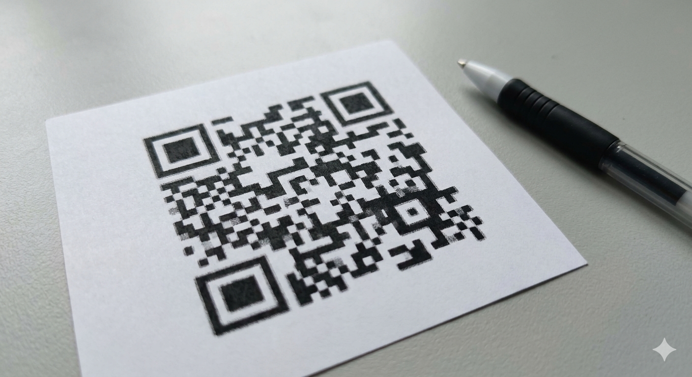 small QR code printed on cheap printer paper where the edges of the black modules are visibly soft